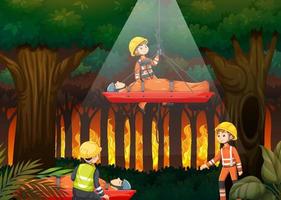 Wildfire scene with firerman rescue in cartoon style vector