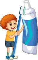 A little boy holding toothpaste and toothbrush on white background vector