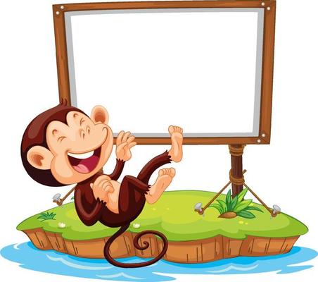 Laughing monkey with blank board on white background