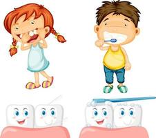 Happy kid flossing teethand brushing teeth with big teeth on white background vector