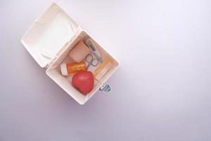 top view of medicine in a first aid kit photo