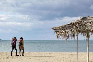 exotic beach on the beach with parasol. Beautiful dry branches of palm trees on the roof against the backdrop of the beach. Sea background the walking people on the beach photo