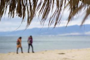 exotic beach on the beach with parasol. Beautiful dry branches of palm trees on the roof against the backdrop of the beach. Sea background the walking people on the beach photo