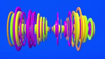 Group of magenta, purple, green and yellow discs of different diameters vibrating to the rhythm of music on a blue background video