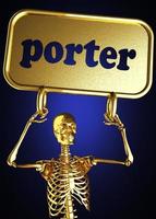 Golden skeleton holding the sign photo