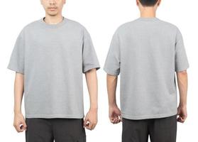 Young man in grey oversize t-shirt mockup front and back used as design template, isolated on white background with clipping path photo