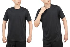 Young man in black sport t-shirt mockup front and back used as design template, isolated on white background with clipping path photo