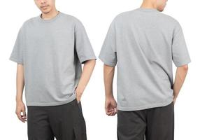 Young man in grey oversize t-shirt mockup front and back used as design template, isolated on white background with clipping path photo