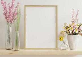 Interior poster mockup with vertical gold chrome frame in home interior background.
