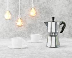 Loft interior. Conceptual cafe with a concrete wall and vintage lamps. Old coffee pot and cups. 3d rendering photo