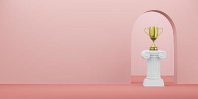 Abstract podium column with a golden trophy on the pink background with arch. The victory pedestal is a minimalist concept. Free space for text. 3D rendering. photo