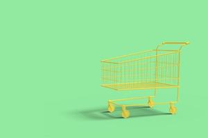 carrito de compras amarillo sobre una imagen abstracta de fondo verde. negocio de compras de concepto mínimo. procesamiento 3d foto