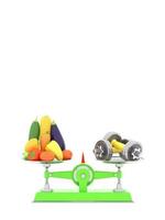 Fresh vegetables and dumbbells on different scales. Conceptual illustration with empty place for text. 3d rendering photo