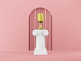 columna de podio abstracta con un trofeo dorado en el fondo rosa con arco. el pedestal de la victoria es un concepto minimalista. representación 3d foto