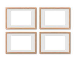 Set of 4 horizontal wooden frames mockup with a border hanging on the wall. Empty base for picture or text. 3D rendering. photo