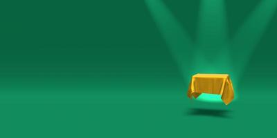 Podium, pedestal or platform covered with gold cloth illuminated by spotlights on green background. Abstract illustration of simple geometric shapes. 3D rendering. photo