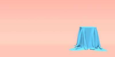 Podium, pedestal or platform covered with blue cloth on pink background. Abstract illustration of simple geometric shapes. 3D rendering. photo