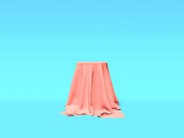 Podium, pedestal or platform covered with pink cloth on blue background. Abstract illustration of simple geometric shapes. 3D rendering. photo