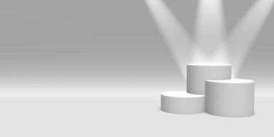 Podium, pedestal or platform white color illuminated by spotlights on white background. Abstract illustration of simple geometric shapes. 3D rendering. photo