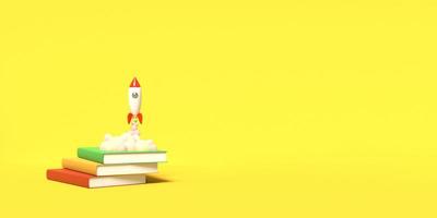 Toy rocket takes off from the books spewing smoke on a yellow background. Symbol of desire for education and knowledge. School illustration. 3D rendering. photo