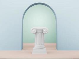 columna de podio abstracta sobre fondo azul con arco. el pedestal de la victoria es un concepto minimalista. representación 3d foto