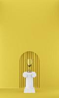 Abstract podium column with a golden trophy on the yellow background with arch. The victory pedestal is a minimalist concept. 3D rendering. photo