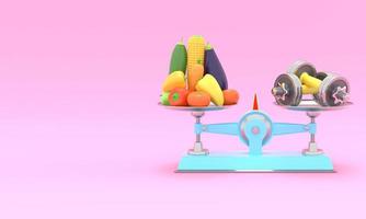 verduras frescas y pesas en diferentes escalas. ilustración conceptual con lugar vacío para el texto. representación 3d foto