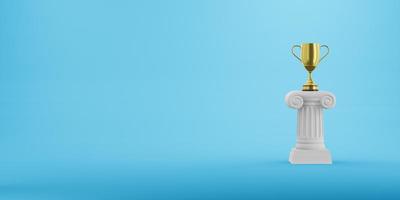 Abstract podium column with a golden trophy on the blue background. The victory pedestal is a minimalist concept. Free space for text. 3D rendering. photo