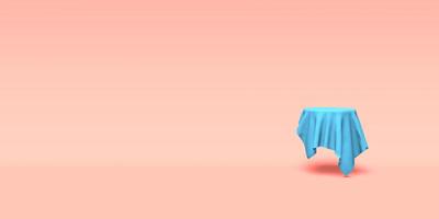 Podium, pedestal or platform covered with blue cloth on pink background. Abstract illustration of simple geometric shapes. 3D rendering. photo