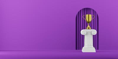 Abstract podium column with a golden trophy on the fuchsia background with arch. The victory pedestal is a minimalist concept. 3D rendering. photo
