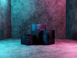 Abstract podium, pedestal or platform - a cubes with Sci-Fi texture on a dark concrete background. The concept of the city or the interior of the future. 3d rendering photo