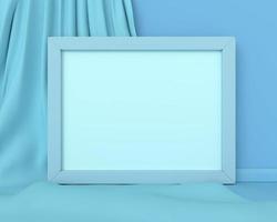 Blue frame horizontal mockup on a blue fabric background abstract image. Minimal concept art business. 3D render. photo