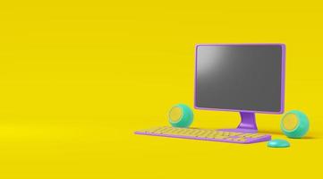 Computer cartoon style on a yellow background. Realistic concept toy monitor, speaker, keyboard purple green illustration. 3D rendering photo