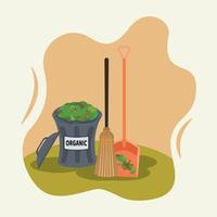 Trash, broom stick and dustpan vector illustration