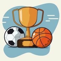 trofeo con ilustración de vector de canasta y balón de fútbol. premio campeón y concepto de copa ganadora
