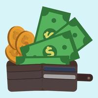 wallet, cards and money vector illustration. with blue background