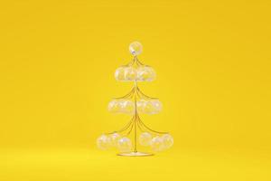 árbol de navidad frágil oro alambre decoración colgante bola cristal vidrio. diseño de concepto de juguete elegante fondo amarillo. elegante símbolo de joyería del nuevo año. representación 3d foto