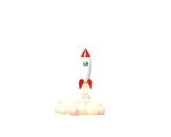 Toy rocket takes off from the books spewing smoke on a white background. Symbol of desire for education and knowledge. School illustration. 3D rendering. photo