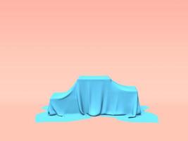 Podium, pedestal or platform covered with blue cloth on pink background. Abstract illustration of simple geometric shapes. 3D rendering. photo