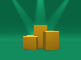 Podium, pedestal or platform gold color illuminated by spotlights on green background. Abstract illustration of simple geometric shapes. 3D rendering. photo