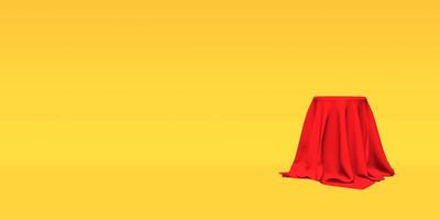 Podium, pedestal or platform covered with red cloth on yellow background. Abstract illustration of simple geometric shapes. 3D rendering. photo