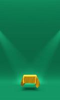 Podium, pedestal or platform covered with gold cloth illuminated by spotlights on green background. Abstract illustration of simple geometric shapes. 3D rendering. photo