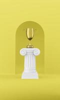 columna de podio abstracta con un trofeo dorado sobre el fondo amarillo con arco. el pedestal de la victoria es un concepto minimalista. representación 3d