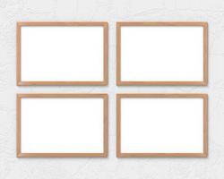 Set of 4 horizontal wooden frames mockup hanging on the wall. Empty base for picture or text. 3D rendering. photo