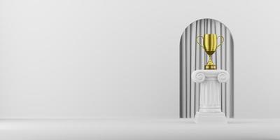 columna de podio abstracta con un trofeo dorado sobre fondo blanco con arco. el pedestal de la victoria es un concepto minimalista. representación 3d foto