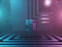 Abstract podium, pedestal or platform - a cube with Sci-Fi texture on a dark futuristic background. The concept of the city or the interior of the future. 3d rendering photo