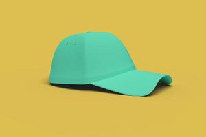 Green baseball hat on a yellow background abstract image. Minimal concept sport business. 3D render. photo