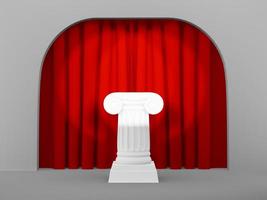 Abstract podium column on the light gray background arch with red curtian. The victory pedestal is a minimalist concept. 3D rendering. photo