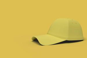 Yellow baseball hat on a yellow background abstract image. Minimal concept sport business. 3D render. photo