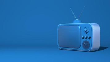 Retro tv with antenna. Illustration in cartoon style, toy. Stylish minimal abstract horizontal scene, place for text. Trendy classic blue color. 3D rendering photo